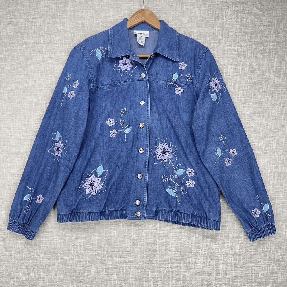 Alfred Dunner Jacket Womens 8P Petite Blue Denim Floral Embroidered Button Front